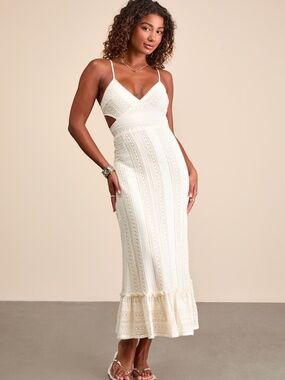 Lulus Oliana Ivory Crochet Lace Tiered Cutout Maxi Dress Resort Vacation S NWT